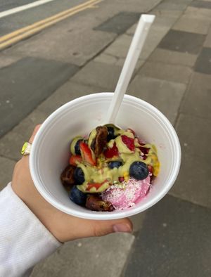 Raspberry (?) froyo with toppings  at Frurt in Prestwich