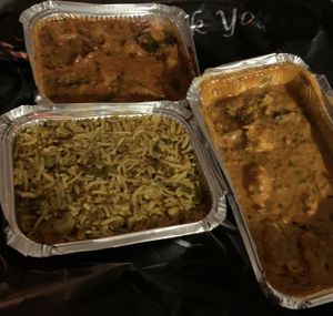 Vegetable biryani, Bombay Aloo & chikn jalfrezi (all vegan & GF)  at Namaste Village Cambridge in Cambridge