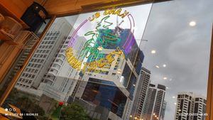Neon Logo facing view to Orchard Road at Kang Su Vegetarian 康素 - Orchard in Central Singapore