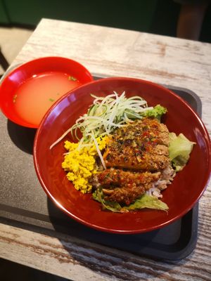 Thai style chicken cutlet rice.  It was tasty and the cutlet had a nice crunch to it. at Kang Su Vegetarian 康素 - Orchard in Central Singapore