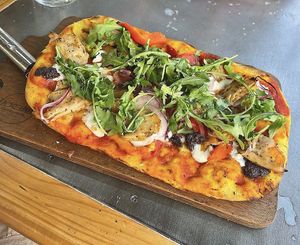 Vegan pizza using “chicken” Heura  at Bresca in Santiago De Compostela