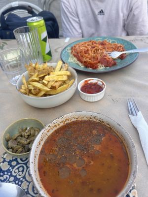 Spaghetti with tomato sauce, french fries and lentil soup   at Haïri in Pieria