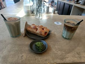 Focaccia + iced chai + iced latte macchiato at WAY Plant Based Bake House in Ghent