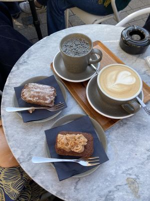 Cakes, filter coffee, latte  at WAY Plant Based Bake House in Ghent