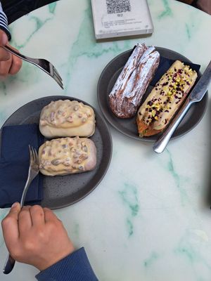 2 pecan cakes, cream croissant and raspberry-thyme croissant at WAY Plant Based Bake House in Ghent