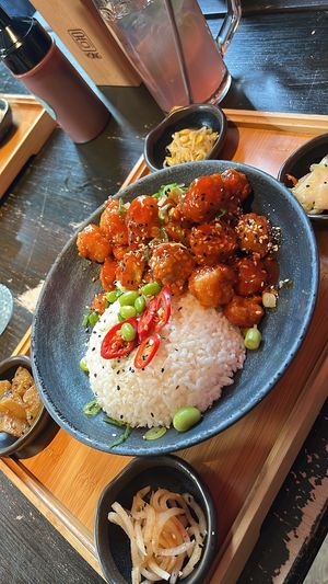 sweet and spicy tofu with banchan   at YONG korean in Hamburg