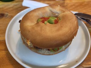 Roast vegetable bagel with pea hummus at Foliage Cafe in Bristol