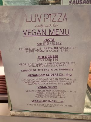 Vegan Menu at Luv Pizza in New York City