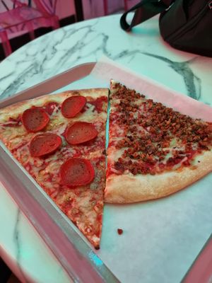 Vegan Peperoni and Vegan Sausage slices at Luv Pizza in New York City
