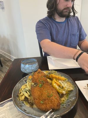 Eggplant meal with non-dairy cheese  at Down Island Gulf Seafood Restaurant in Santa Rosa Beach