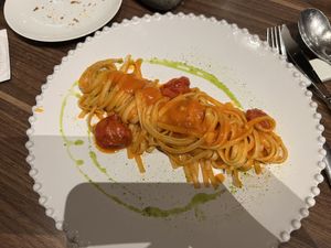 Linguini with fresh tomato and basil - Omg…. Sooooooo good!!!  at Flya Restaurant in Corfu