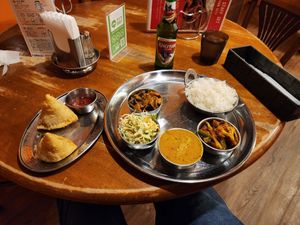 Vegan plate and vegetable Samosa. at Indira Indian Restaurant in Chatan