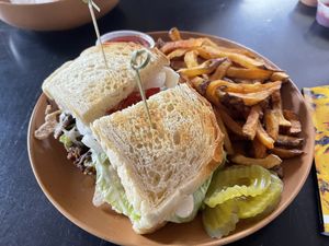 Burger and Fries - Green Chile Mushroom on Sourdough   at Taos Cafe in Taos