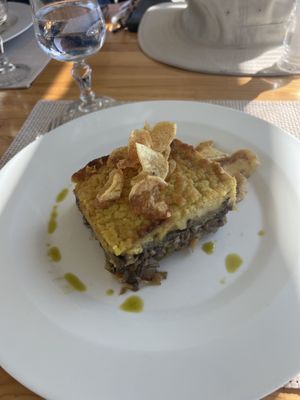 Delicious vegan moussaka !  at Aris Restaurant in Santorini