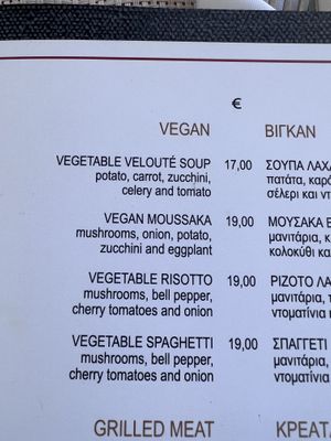 Clearly marked vegan section of the menu  at Aris Restaurant in Santorini
