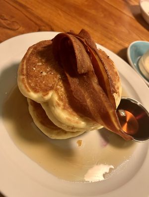 Blueberry pancakes with La Vie bacon & maple syrup  at The Breakfast Club in Brighton