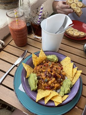 Veggie chilli rice without cheese  at Flo's in Tenerife