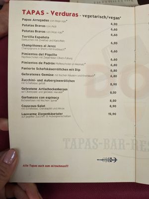 Vegan/vegetarische Tapas Menüseite, Stand 07/2022 at Don Robert in Heidelberg