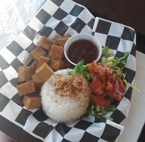 Fried Tofu with White Rice & Sambal at Rendang in Lincoln