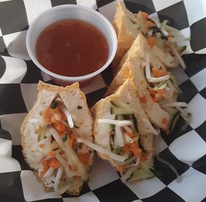 Stuffed Tofu: seasoned fried tofu stuffed w/ cucumber, bean sprouts & carrots, served w/ Thai sweet chili sauce at Rendang in Lincoln