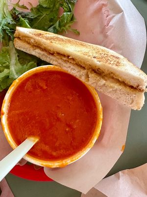 Grilled cheese with tomato soupp  at The Vegan Farmer in Eugene