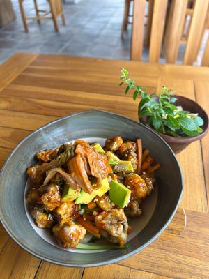 Moringa bowl with crust mushrooms. No rice. They’re awesome    at Moringa Plant-Based Restaurant in Kuta