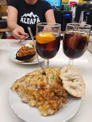 Pintxo tortilla y de berenjena con vermuts caseros at Aldapa in Pamplona