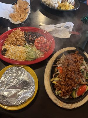 Vegetarian Fajitas with vegan chorizo and soy cheese   at Miguel's Mexican Restaurant in Bangor