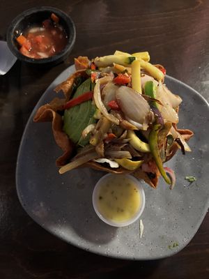 Taco salad with veggies instead of meat, no dairy and citrus vinaigrette .  at Miguel's Mexican Restaurant in Bangor