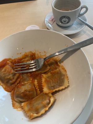 Ravioli bolognaise style & oat flat white   at Reval Café in Tallinn