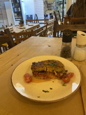 Vegan moussaka (soya & eggplant)  at Diporto in Corfu