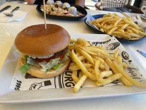 Falafel burger with fries at Chapter One in Gran Canaria