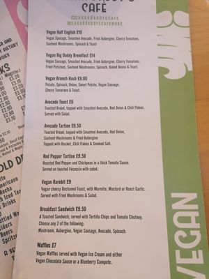 Vegan menu at Sugar Daddy's Café in Worcester