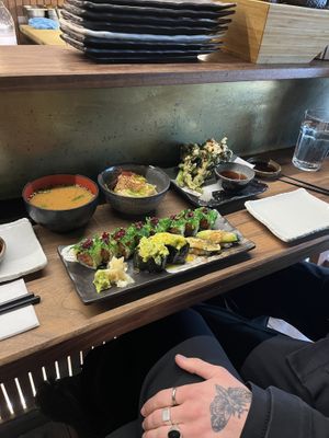 vegan lunch meal with agedashi tofu and tempura broccoli 🥦   at Okko in East London