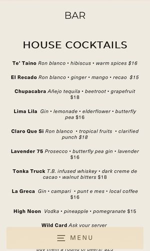 Cocktail menu  at Cocina Abierta in San Juan