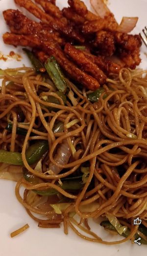 Veg. Noodles and crunchy chili potatos at Cafe Festa in New Delhi