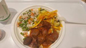 Vegan veggie balls with rice and cooked veggies at IKEA in Fishers
