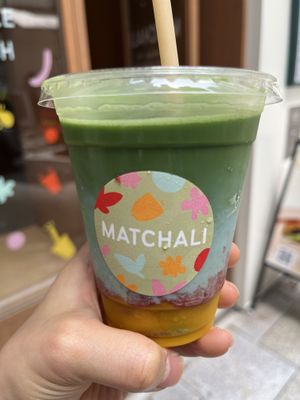 Starburst matcha with oat milk - matcha, mango, raspberry, (oat) milk, pea flower  at Matchali in Hong Kong Island