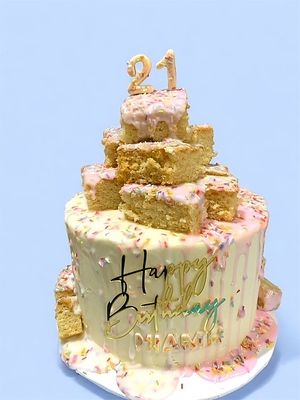 Vanilla Celebration cake topped with Old School Cake at The Tree Rooms in Peterlee