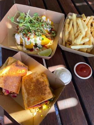 Breakfast wrap - scramble tofu, hash brown, beetroot and spinach
Tacos - fried cauliflower, cucumber, corn, spring onion, aioli at The Orange Box in North Fremantle