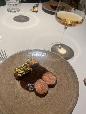 Aubergine with chanterelles, veg & cranberry jus.   at Babel Budapest in Budapest