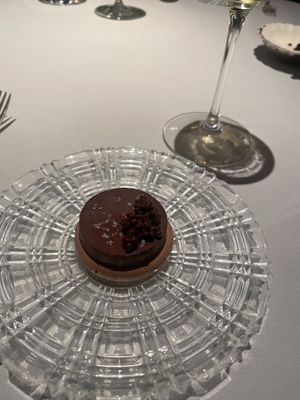 Chocolate mousse with vegan caviar, salt and blackcurrant creamm  at Babel Budapest in Budapest