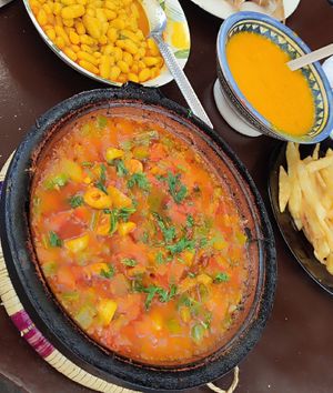 Takuti salad, white beans, vegetable soup and french fries at Chez Omar in Essaouira