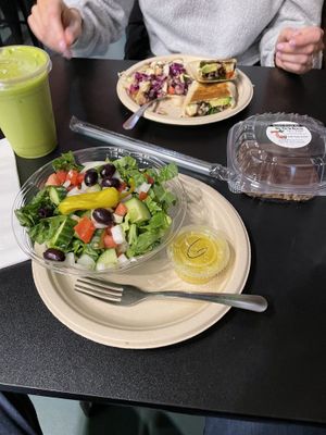 Greek salad, coqui verde smoothie, bean burrito, cookie dough bar!!  at See You in Health in North Royalton