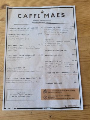 Breakfast Menu at Caffi Maes in Gwynedd
