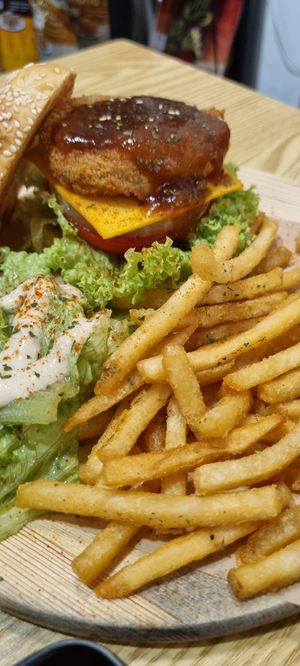 Soy chicken patty hawaiian burger at So Green in East Singapore