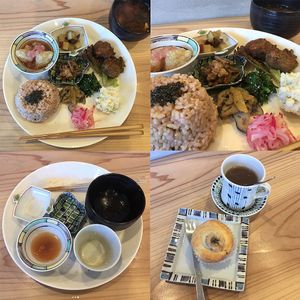 Vegan set meal (macrobiotic). Banana muffin dessert and lotus root tea. at Life Gallery in Oita