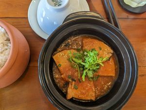 Vegan fish with tomato sauce at Nhà Hàng Chay NẤM in Phu Quoc