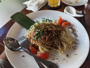 Pasta with vegan bolognesa at Nhà Hàng Chay NẤM in Phu Quoc