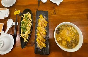 Fries, salted popcorn and Thai noodles   at Nhà Hàng Chay NẤM in Phu Quoc